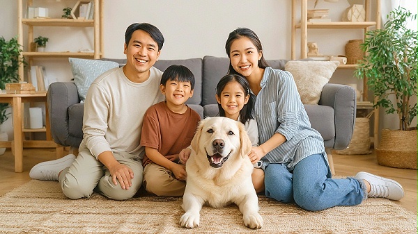 花瓣素材_常规内容-人物系列写实一家四口和一只小狗坐在沙发前图片_194617425