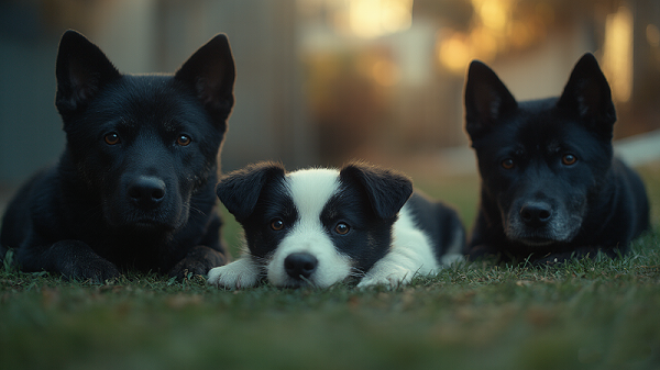 16x9_电影感照片_特写_小区草坪上_温顺的黑白花小狗_小花_虚弱地趴倒